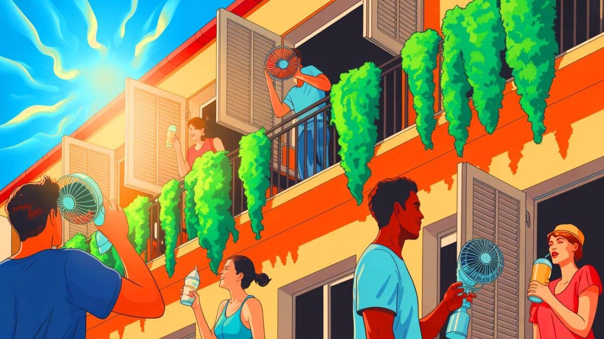 Illustration de la gestion de la température lors d'une vague de chaleur en milieu urbain. Image réalisée par IA.