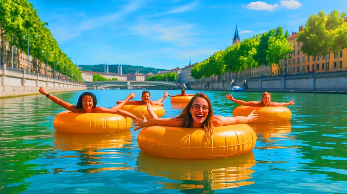 Canicule infernale à Lyon : les audacieux citadins se lancent dans de surprenantes baignades dérivantes sur le Rhône pour échapper à la chaleur accablante Illustration de la baignade dérivante sur le Rhône en période de canicule à Lyon. Image réalisée par IA.