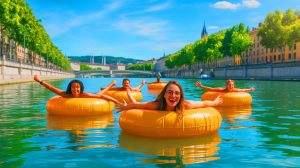 Illustration de la baignade dérivante sur le Rhône en période de canicule à Lyon. Image réalisée par IA.