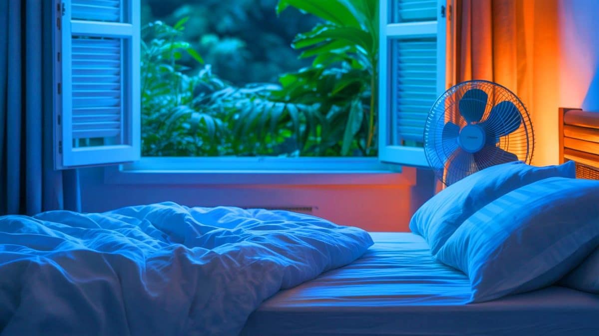 Illustration de stratégies pour mieux dormir pendant une vague de chaleur. Image réalisée par IA.