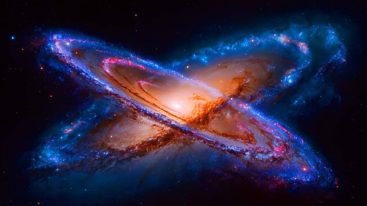 Illustration de la potentielle interaction entre la Voie lactée et la galaxie d'Andromède. Image réalisée par IA.