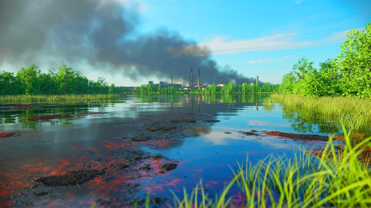 Illustration de l'impact de la pollution de l'eau dans l'étang de Berre après un incendie industriel. Image réalisée par IA.