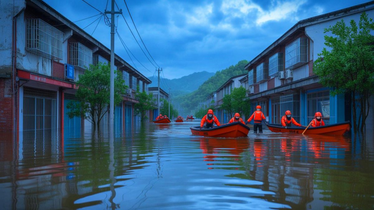 Catastrophe naturelle inédite : l’évacuation massive de 80 000 personnes face aux inondations dévastatrices dans le sud-ouest de la Chine Illustration de l'évacuation massive due aux inondations dans le sud-ouest de la Chine. Image réalisée par IA.