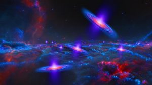 Illustration de galaxies naines en formation stellaire émettant du rayonnement ultraviolet dans l'Univers primitif. Image réalisée par IA.