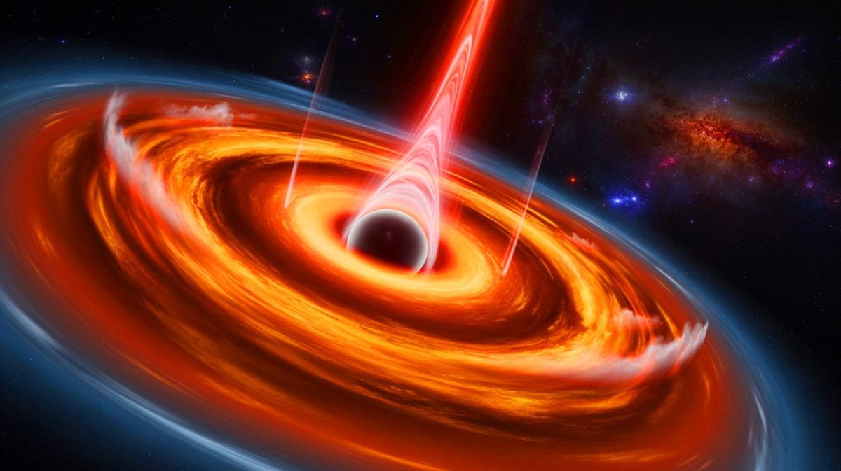Illustration de l'activité intense d'un trou noir supermassif expulsant de la matière à haute vitesse. Image réalisée par IA.
