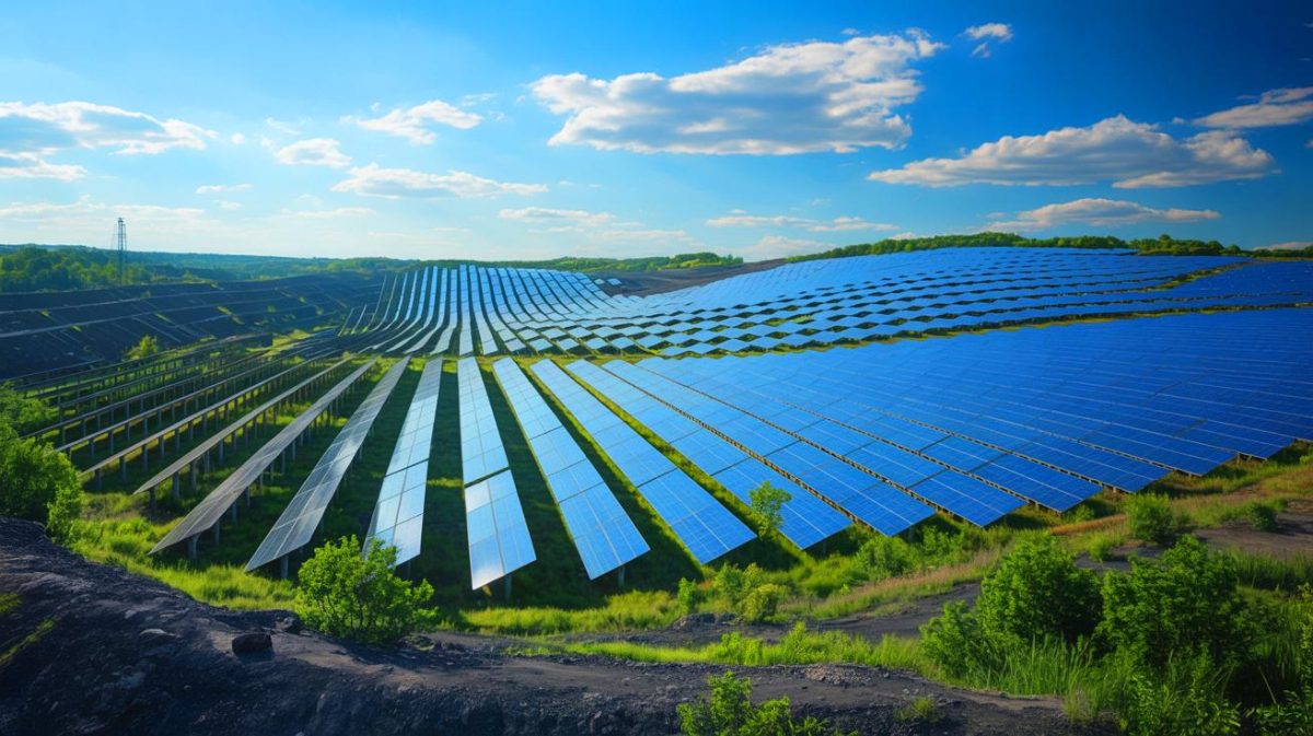 Illustration de la conversion des anciennes mines de charbon en fermes solaires. Image réalisée par IA.
