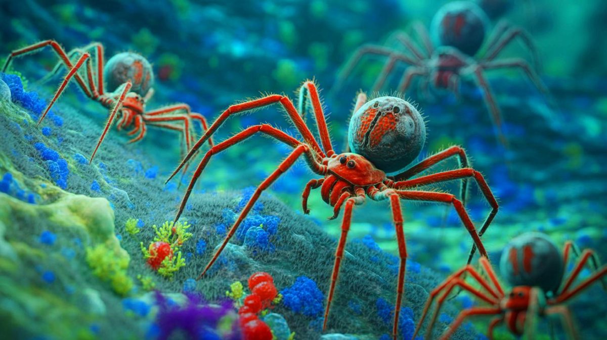 Illustration de nouvelles espèces d'araignées de mer vivant en symbiose avec des bactéries méthanotrophes. Image réalisée par IA.