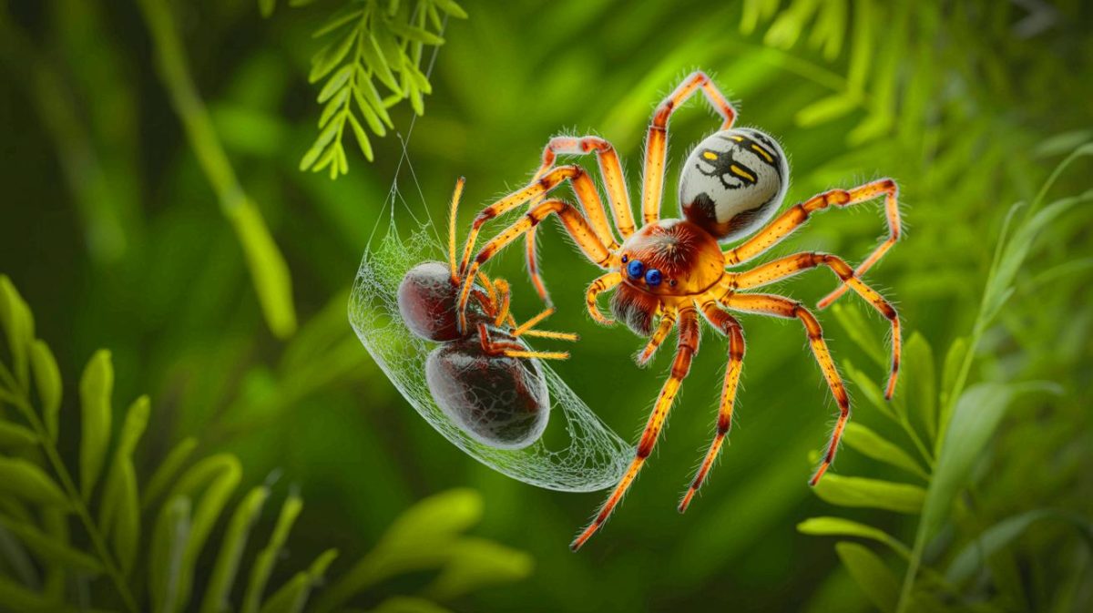 Illustration de l'araignée Uloborus plumipes utilisant sa stratégie de prédation unique. Image réalisée par IA.