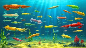 Illustration de l'abondance et de la diversité des calmars il y a 100 millions d'années. Image réalisée par IA.