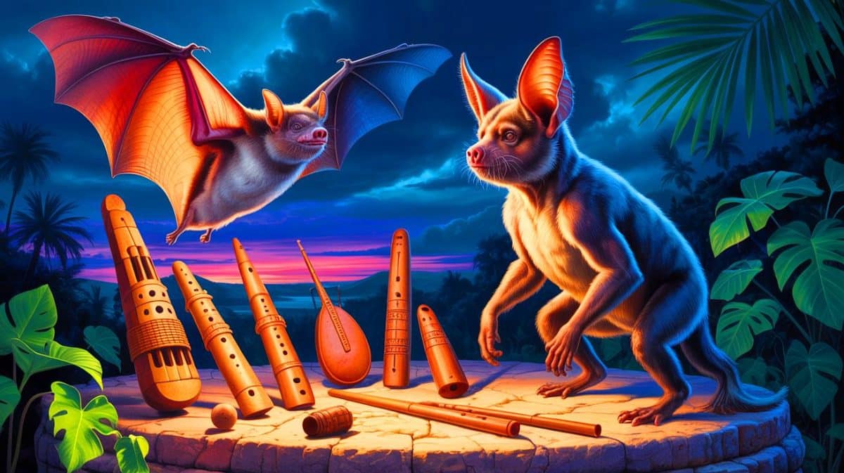 Illustration de chauves-souris résistantes au cancer, instruments de musique mayas et mammifères en évolution. Image réalisée par IA.