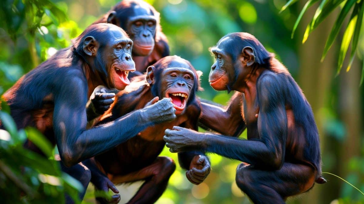 Illustration de bonobos émettant des vocalisations de jeu similaires au rire humain pour influencer positivement leur comportement. Image réalisée par IA.