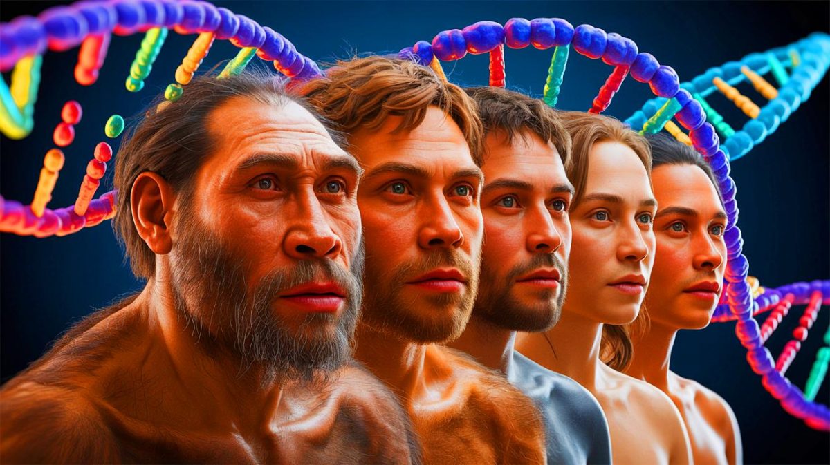 Illustration de l'héritage génétique de Neandertal et Denisova sur Homo sapiens. Image réalisée par IA.