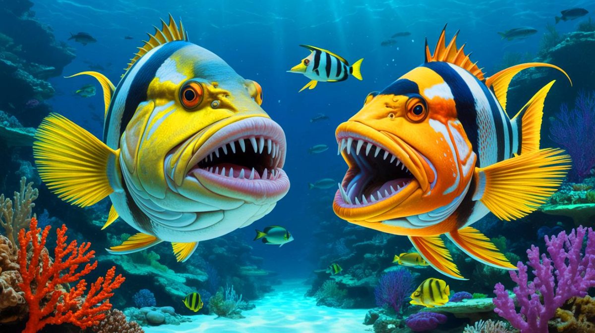 Illustration de poissons présentant des grandes dents et des mâchoires extensibles. Image réalisée par IA.