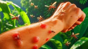 Illustration de l'attraction des moustiques envers certaines personnes en raison de facteurs biologiques. Image réalisée par IA.