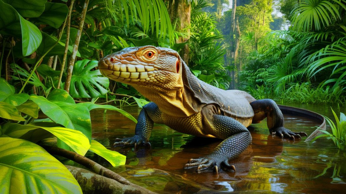 Illustration de lézard sans oreilles, ou Lanthanotus borneensis, dans son habitat naturel à Bornéo. Image réalisée par IA.