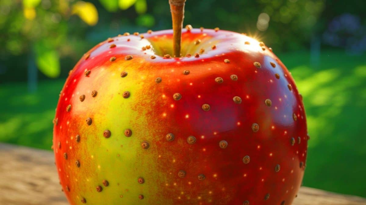 Illustration de la surface d'une pomme avec des lenticelles visibles. Image réalisée par IA.
