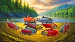 Illustration de la raréfaction des saumons sauvages dans les eaux de l'Allier due au changement climatique. Image réalisée par IA.