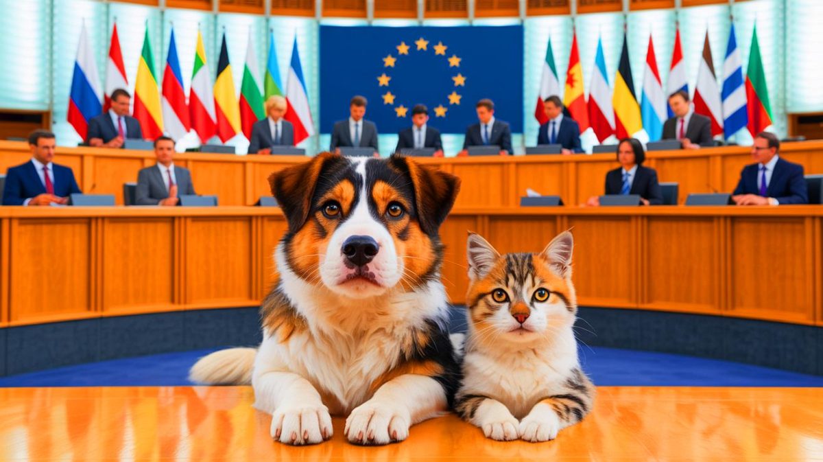 Illustration de la régulation européenne pour le bien-être des chiens et chats. Image réalisée par IA.