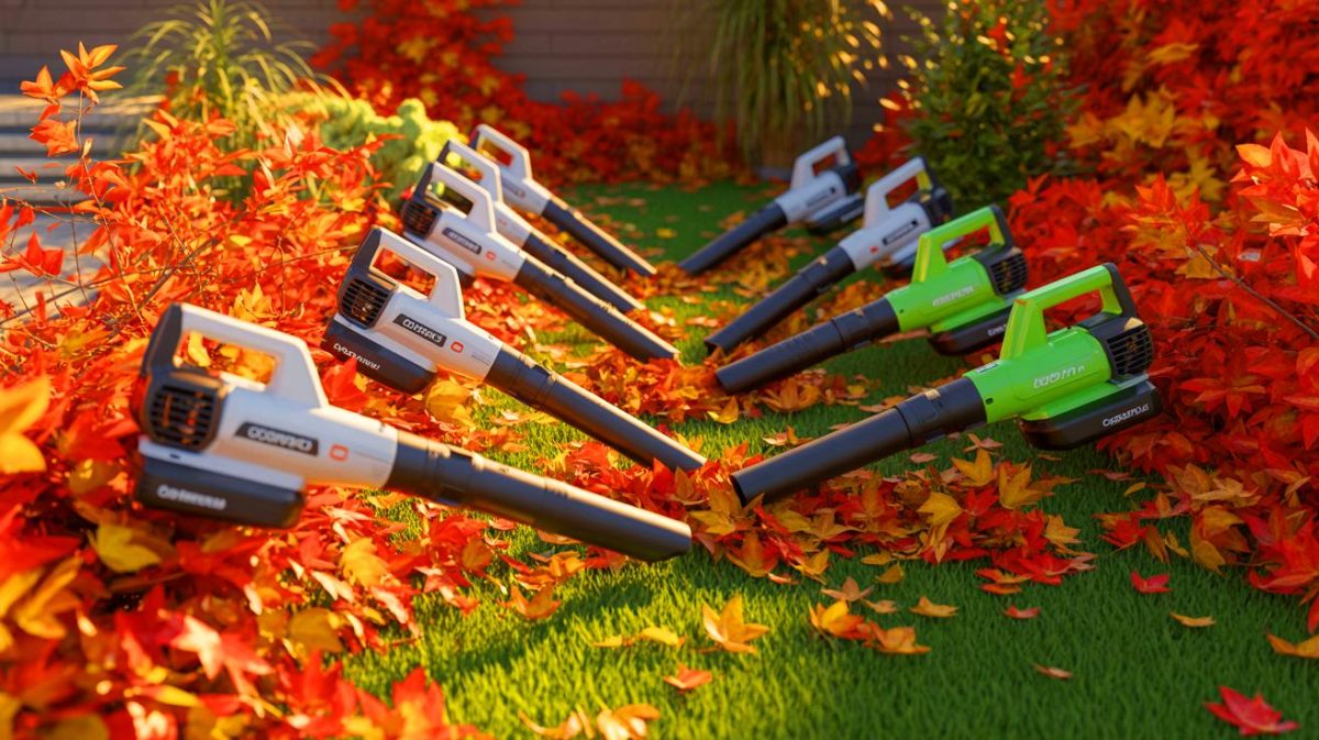 Illustration de souffleurs de feuilles sans fil de 2025 en action. Image réalisée par IA.