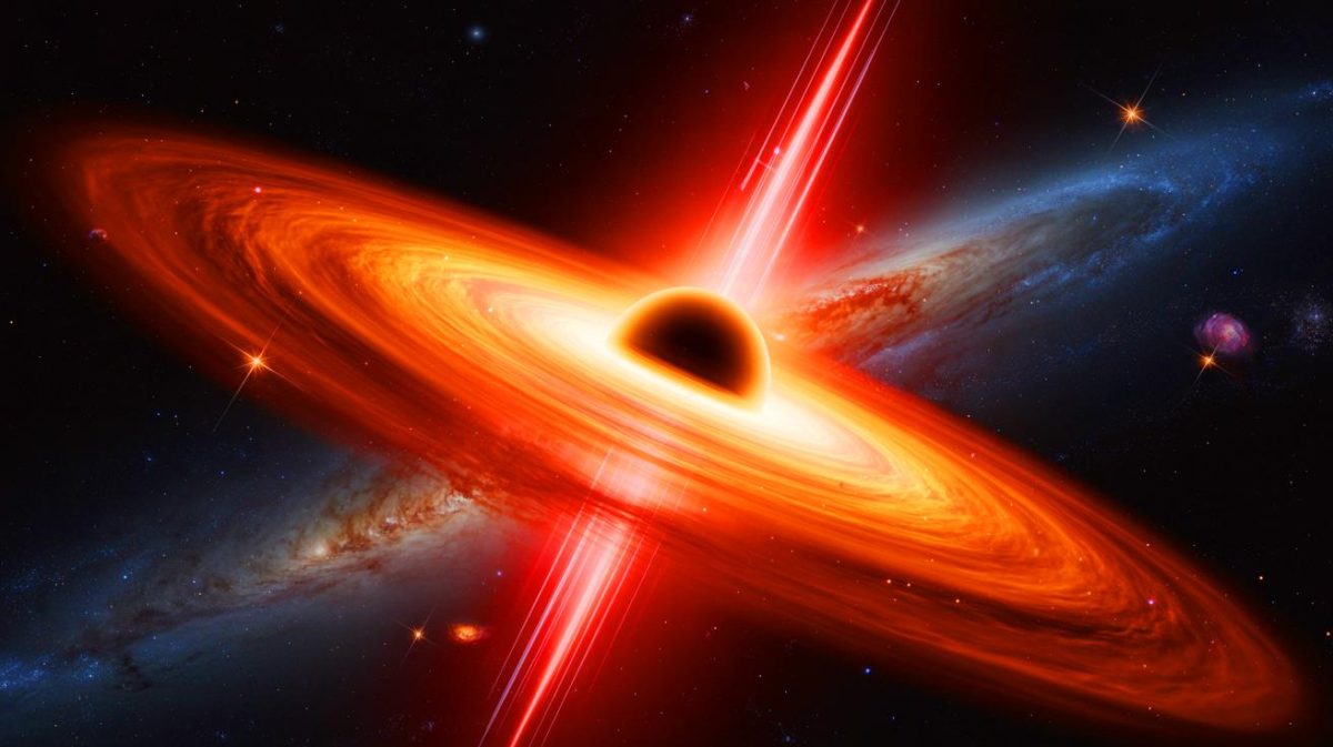 Illustration de jets de rayons X émanant de trous noirs supermassifs dans l'univers jeune. Image réalisée par IA.