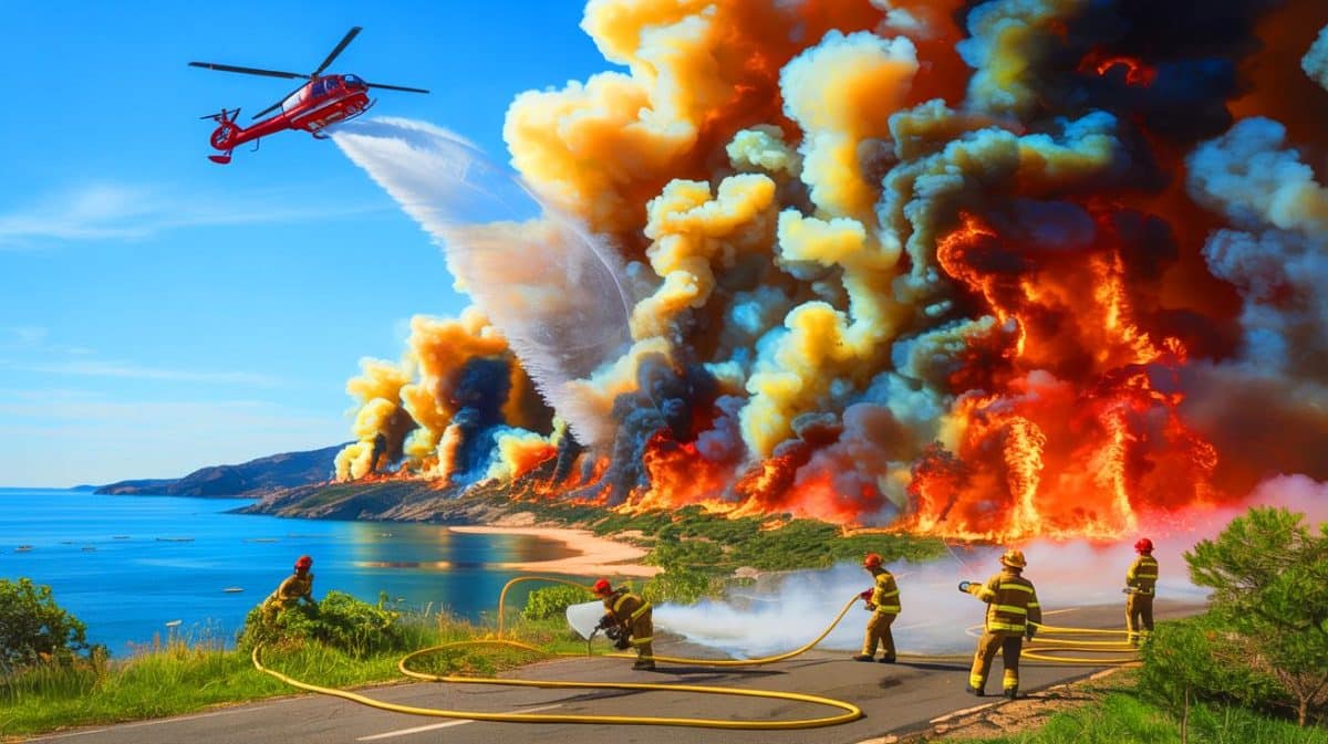 Illustration de l'incendie dévastateur près d'Athènes et des évacuations massives. Image réalisée par IA.