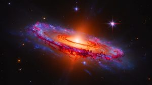 Illustration de la galaxie MoM-z14 découverte par le télescope spatial James Webb. Image réalisée par IA.