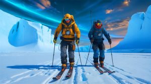 Illustration de deux aventuriers traversant l'Antarctique pour atteindre une strate de glace vieille de 130 000 ans. Image réalisée par IA.