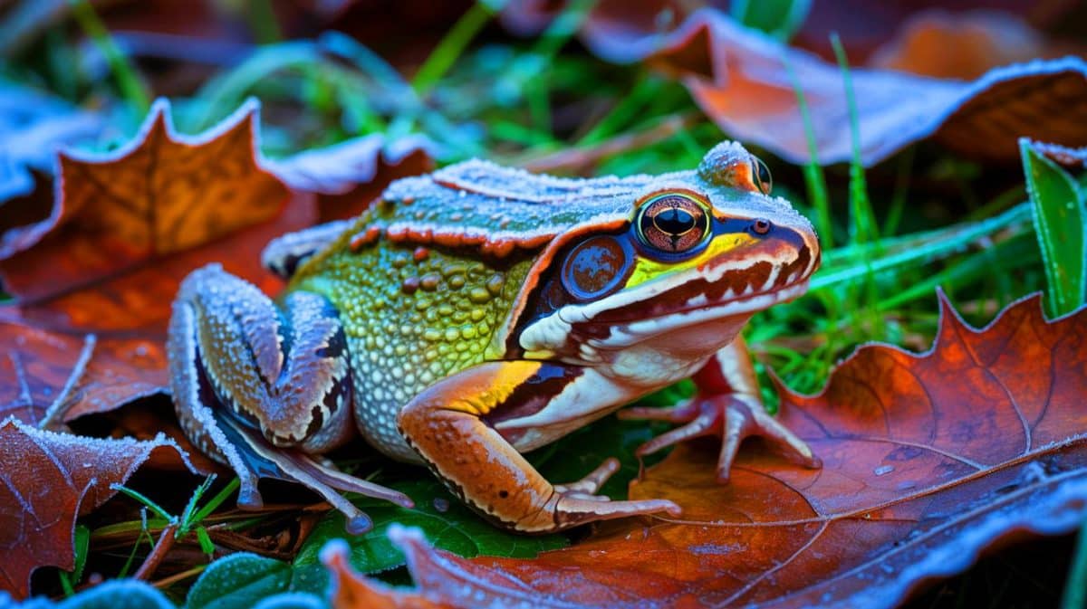 Illustration de la grenouille des bois survivant à la congélation. Image réalisée par IA.