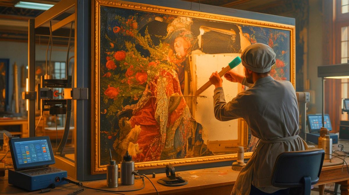 Illustration de la restauration d'œuvres d'art anciennes grâce à l'intelligence artificielle. Image réalisée par IA.