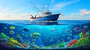 Illustration de la réalité complexe du label MSC et ses implications pour la pêche durable. Image réalisée par IA.