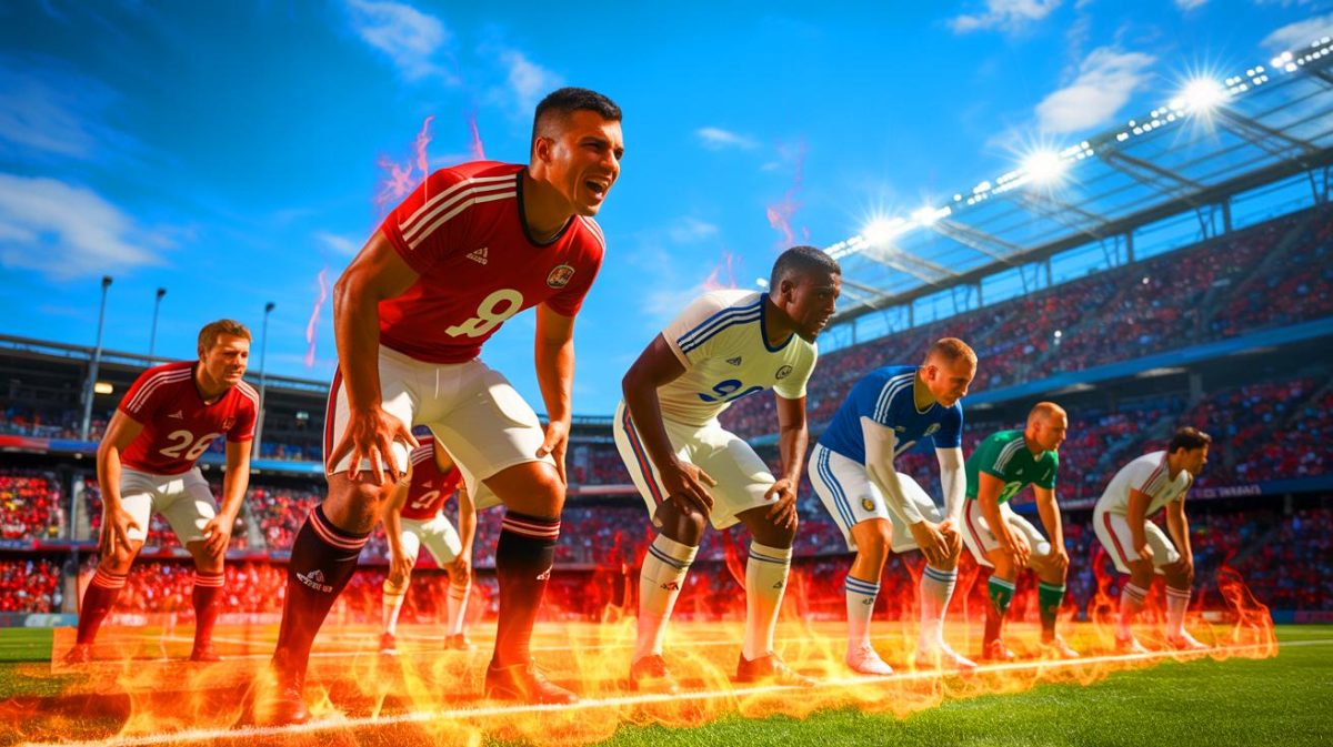 Illustration de joueurs de football affrontant une chaleur extrême lors du Mondial des clubs. Image réalisée par IA.