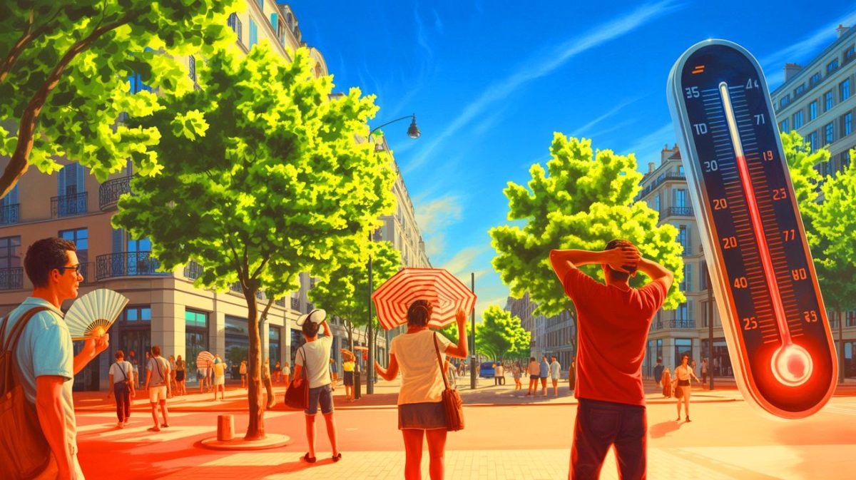 Illustration de la canicule en France avec des températures extrêmes et vigilance rouge dans plusieurs départements. Image réalisée par IA.