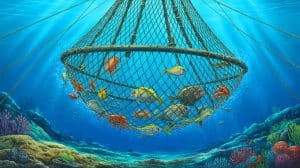 Illustration de l'impact destructeur du chalutage de fond sur les fonds marins. Image réalisée par IA.