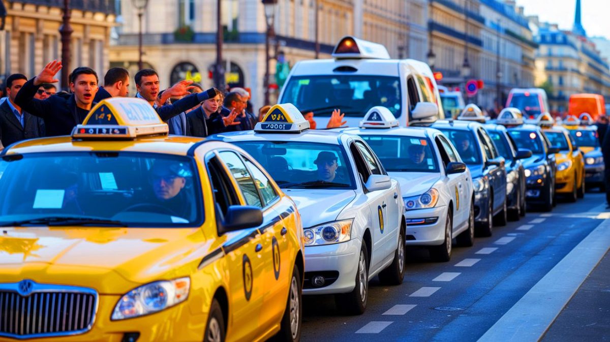 Illustration de la colère des taxis face aux nouvelles réformes du transport sanitaire. Image réalisée par IA.