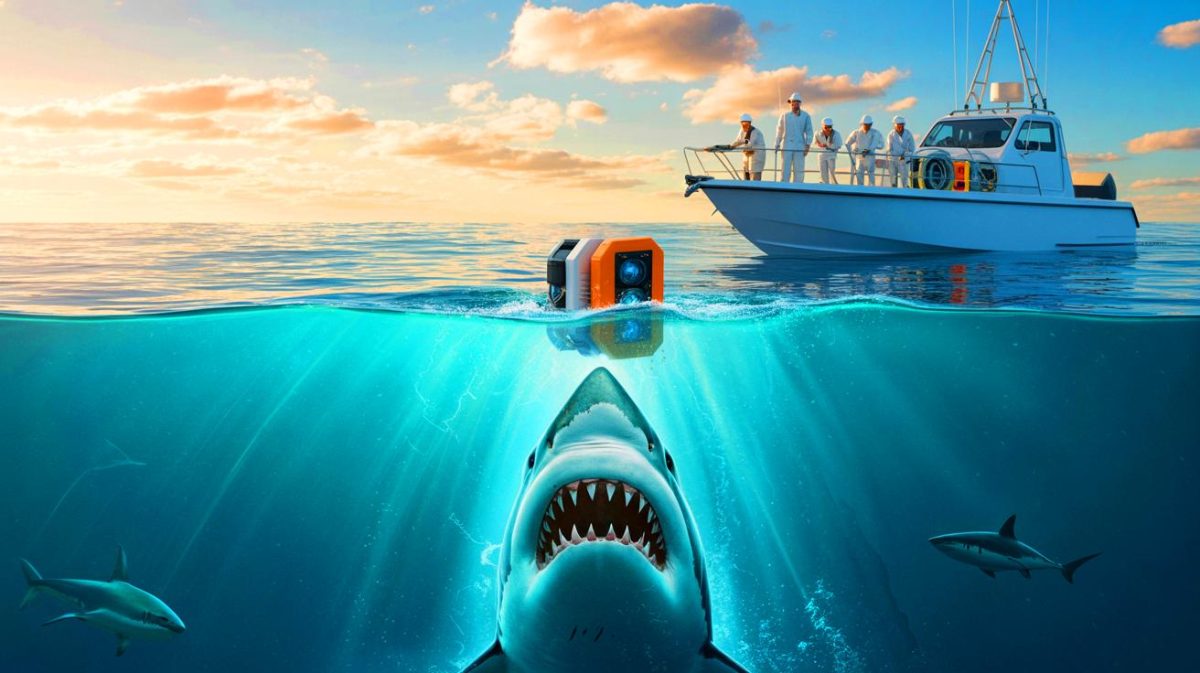 Illustration de l'impact de "Les dents de la mer" sur la recherche scientifique et la perception des requins. Image réalisée par IA.