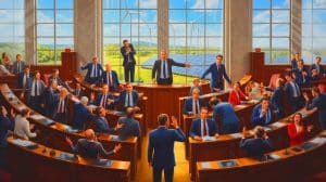 Illustration de l'Assemblée nationale votant un moratoire sur les installations éoliennes et solaires. Image réalisée par IA.