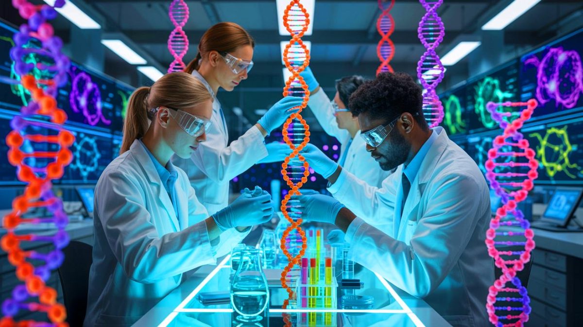 Illustration de la création d'un chromosome humain de synthèse par des chercheurs britanniques. Image réalisée par IA.