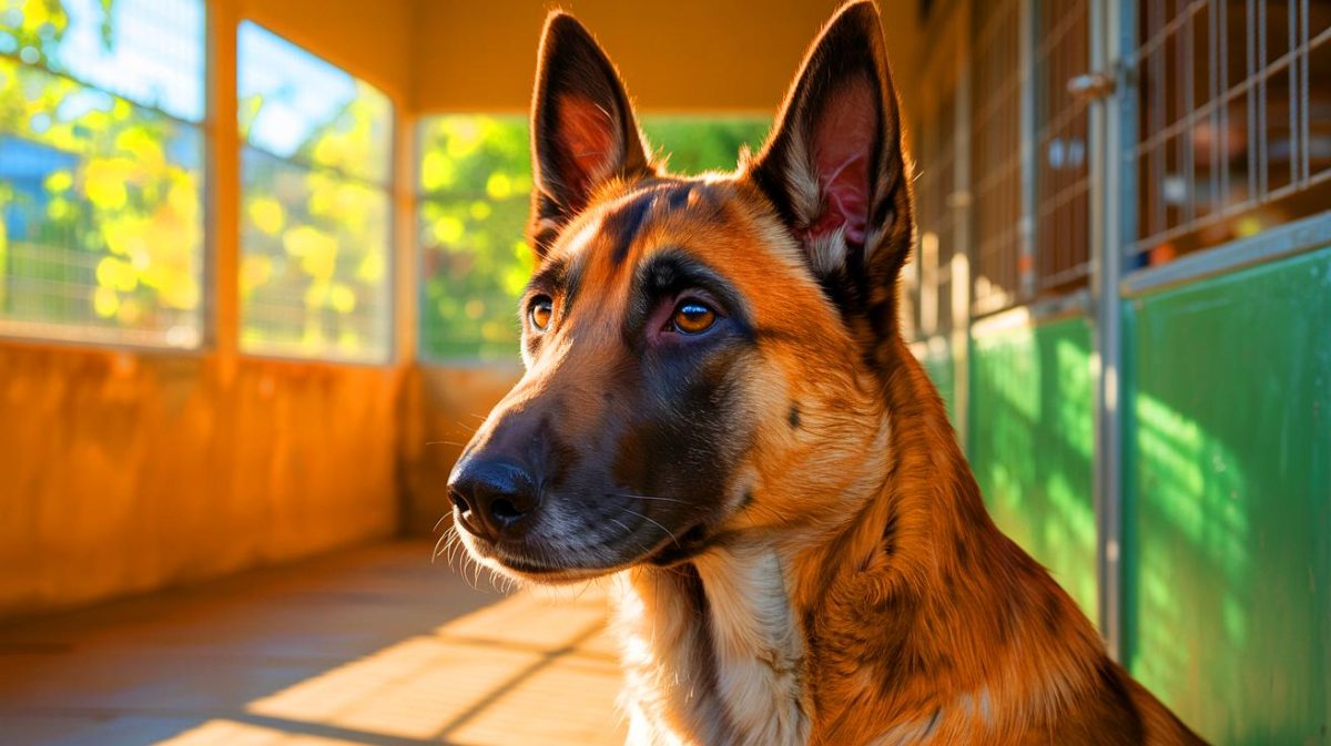 Illustration de Kyra, une chienne croisée malinois attendant un foyer dans un refuge. Image réalisée par IA.