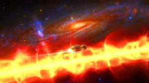 Illustration de la découverte d'un « mur de feu » aux confins du Système solaire par les sondes Voyager. Image réalisée par IA.