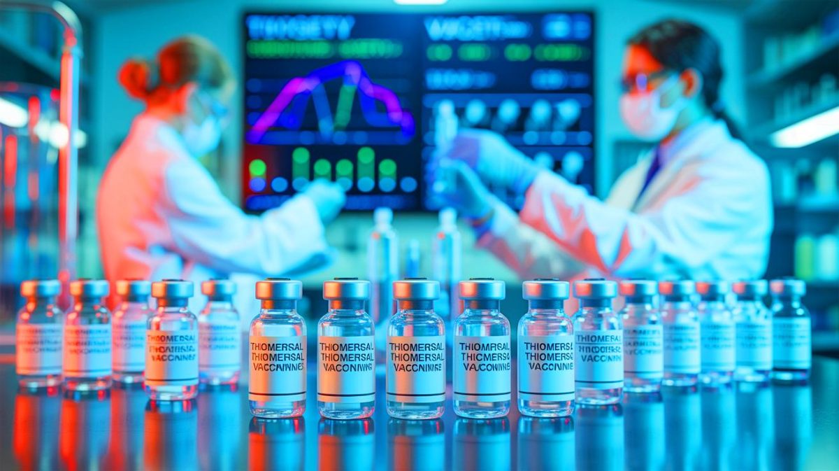 Illustration de la controverse autour du thiomersal dans les vaccins. Image réalisée par IA.