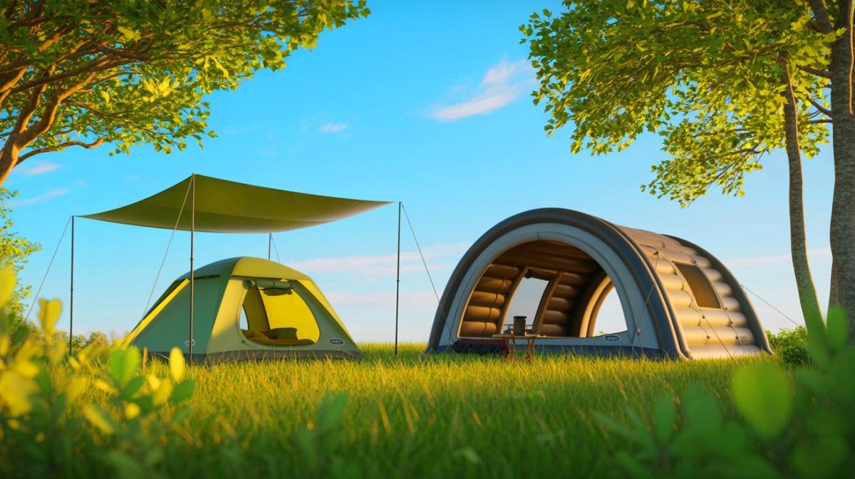 Déclaration choc : la vérité renversante sur ces tentes gonflables qui éclipsent leurs rivales à armature pour des aventures camping inoubliables Illustration de la comparaison entre une tente à arceaux et une tente gonflable en milieu naturel. Image réalisée par IA.