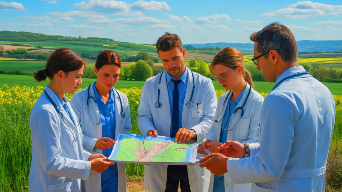 Illustration de la lutte contre les déserts médicaux en France avec le soutien de médecins généralistes dans les zones prioritaires. Image réalisée par IA.