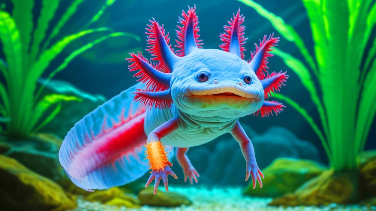 Découverte bouleversante : cette avancée scientifique majeure nous rapproche à grands pas de la régénération des membres humains perdus dans des accidents tragiques Illustration de la capacité de régénération des axolotls et des recherches scientifiques associées. Image réalisée par IA.