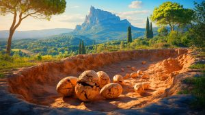 Illustration de la découverte d'œufs de dinosaures à "Eggs en Provence". Image réalisée par IA.