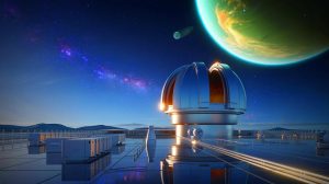 Illustration de l'Observatoire des Mondes Habitables observant des exoplanètes potentiellement habitables. Image réalisée par IA.
