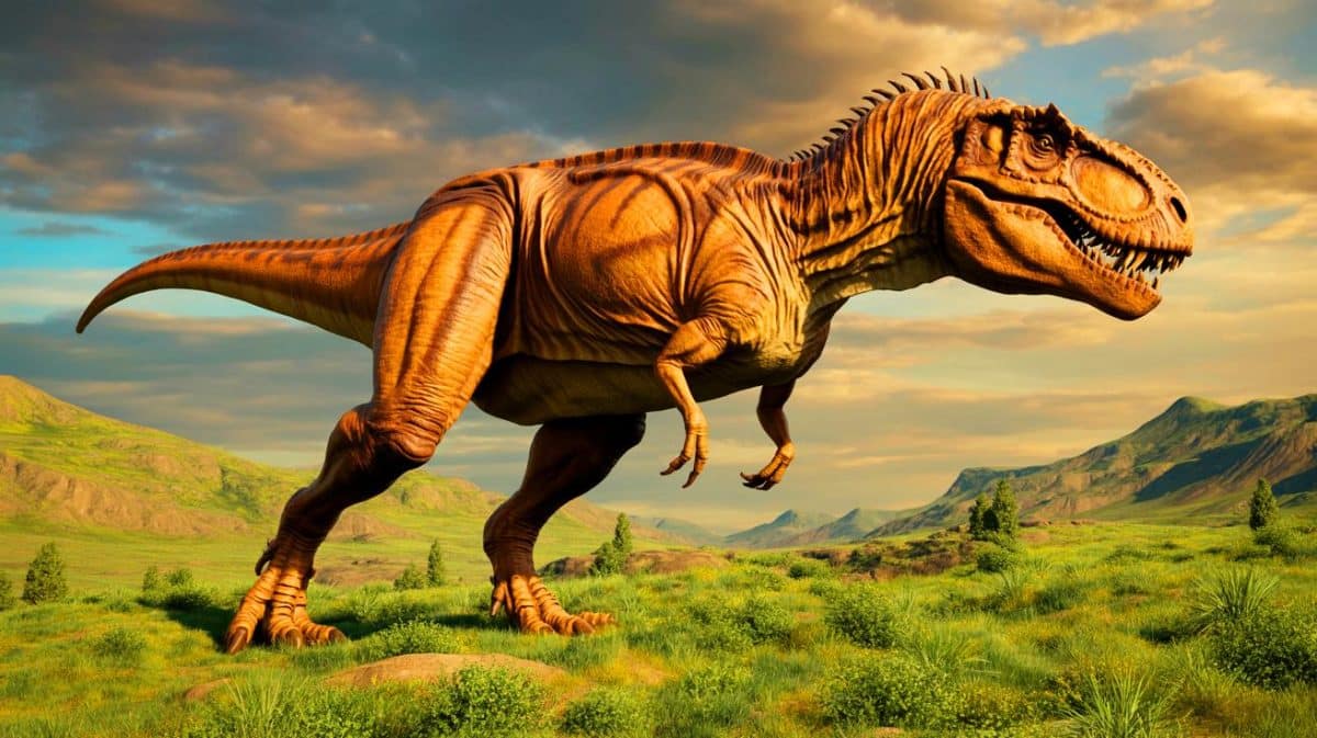 Illustration de l'ancêtre du T-Rex, Khankhuuluu mongoliensis, découvert en Mongolie. Image réalisée par IA.