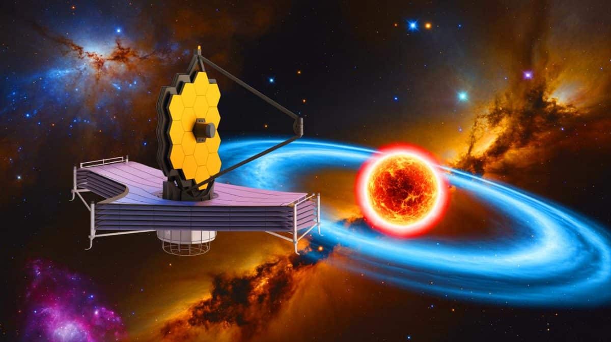 Illustration de la détection d'eau cristalline autour de l'étoile HD 181327 par le télescope James Webb. Image réalisée par IA.