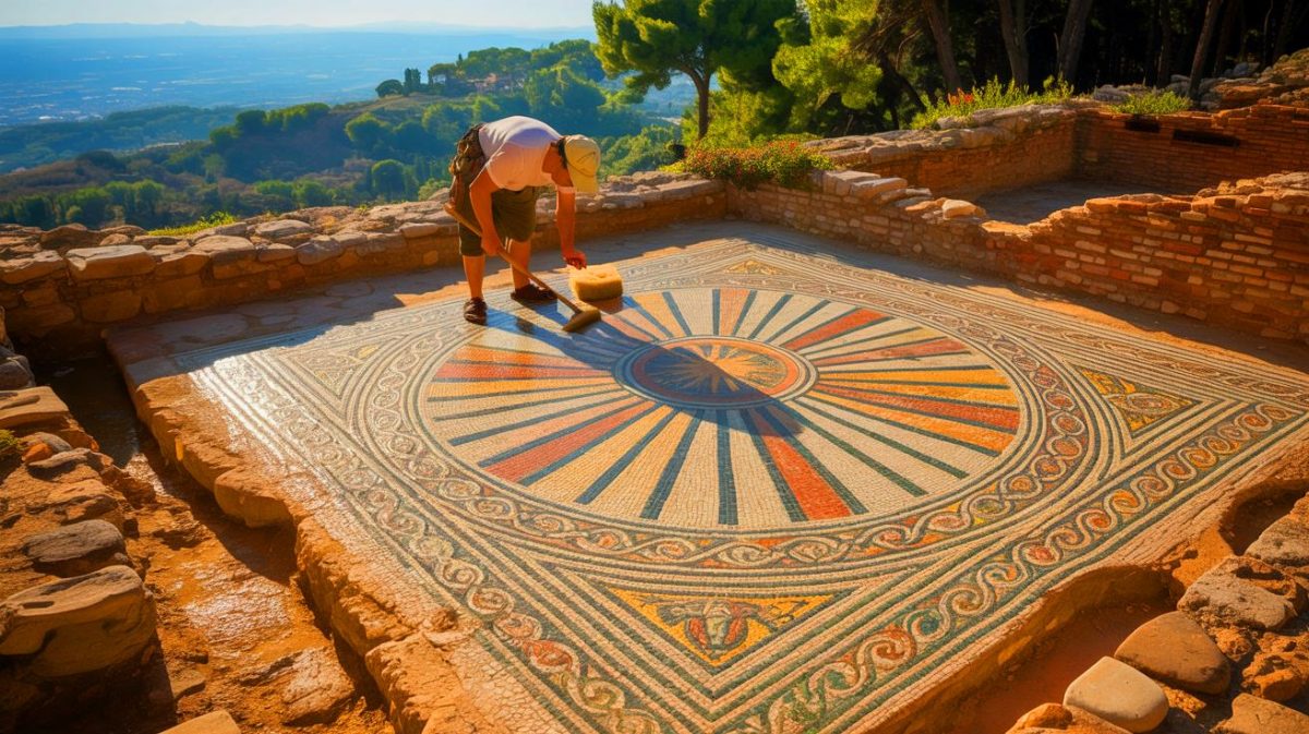 Illustration de la mosaïque antique découverte dans le Gard et nettoyée par une archéologue. Image réalisée par IA.