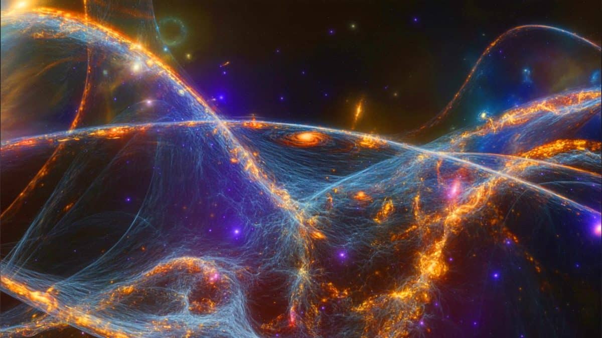 Illustration de la localisation de la matière ordinaire dans les filaments galactiques grâce aux sursauts radio rapides. Image réalisée par IA.
