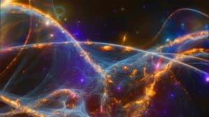 Illustration de la localisation de la matière ordinaire dans les filaments galactiques grâce aux sursauts radio rapides. Image réalisée par IA.
